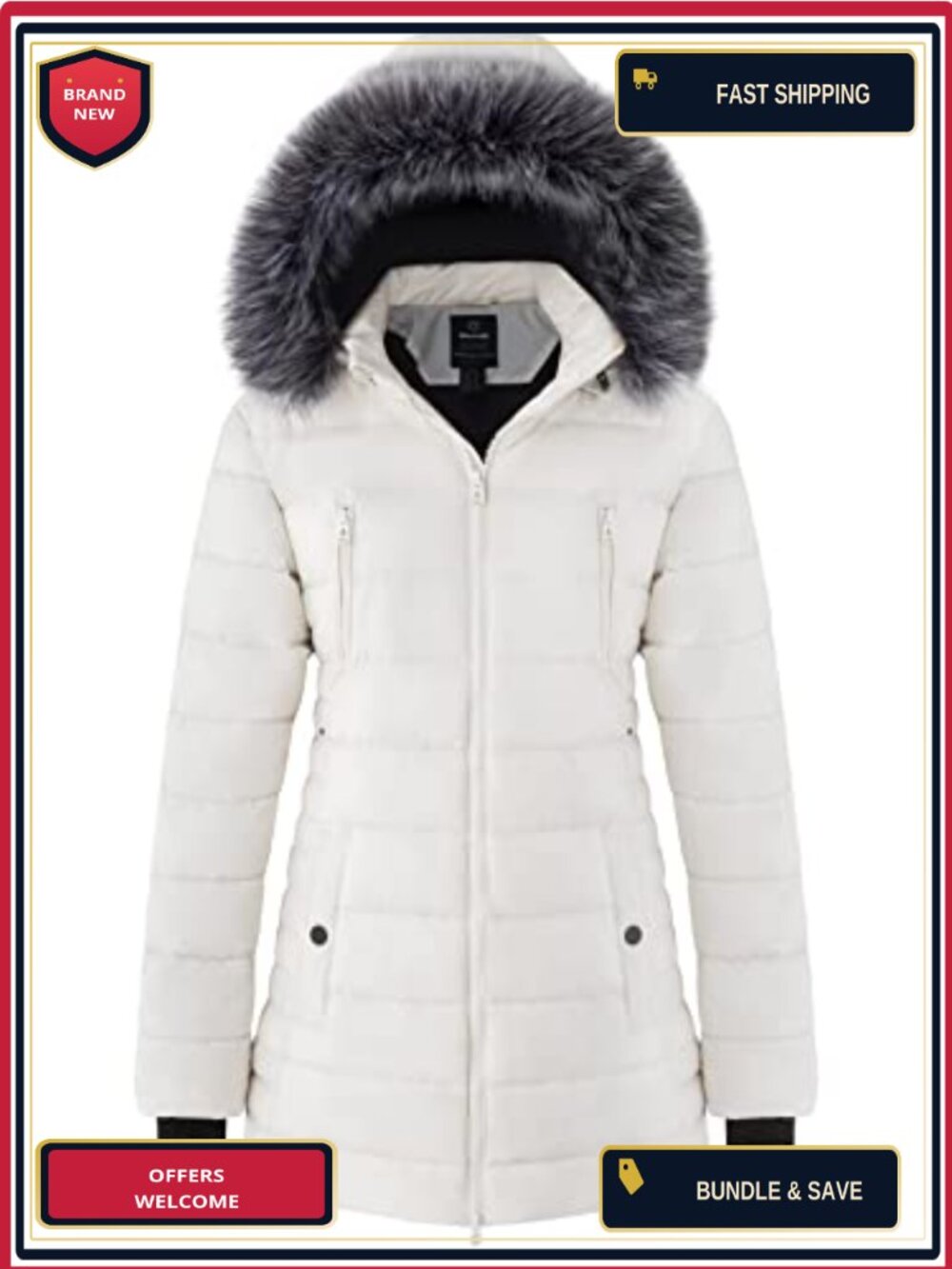 Warm Winter Puffer Coat Quilted Faux Fur Hood
